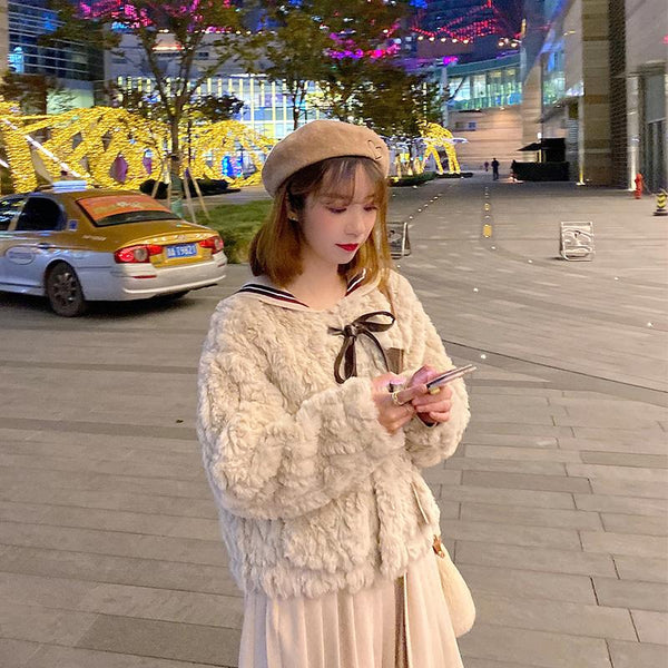 ホワイトフェイクラビットファーショートコート【送料無料】【代金引換】