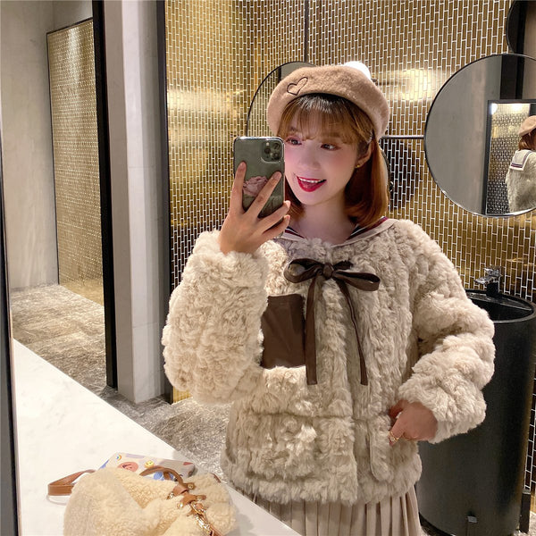 ホワイトフェイクラビットファーショートコート【送料無料】【代金引換】